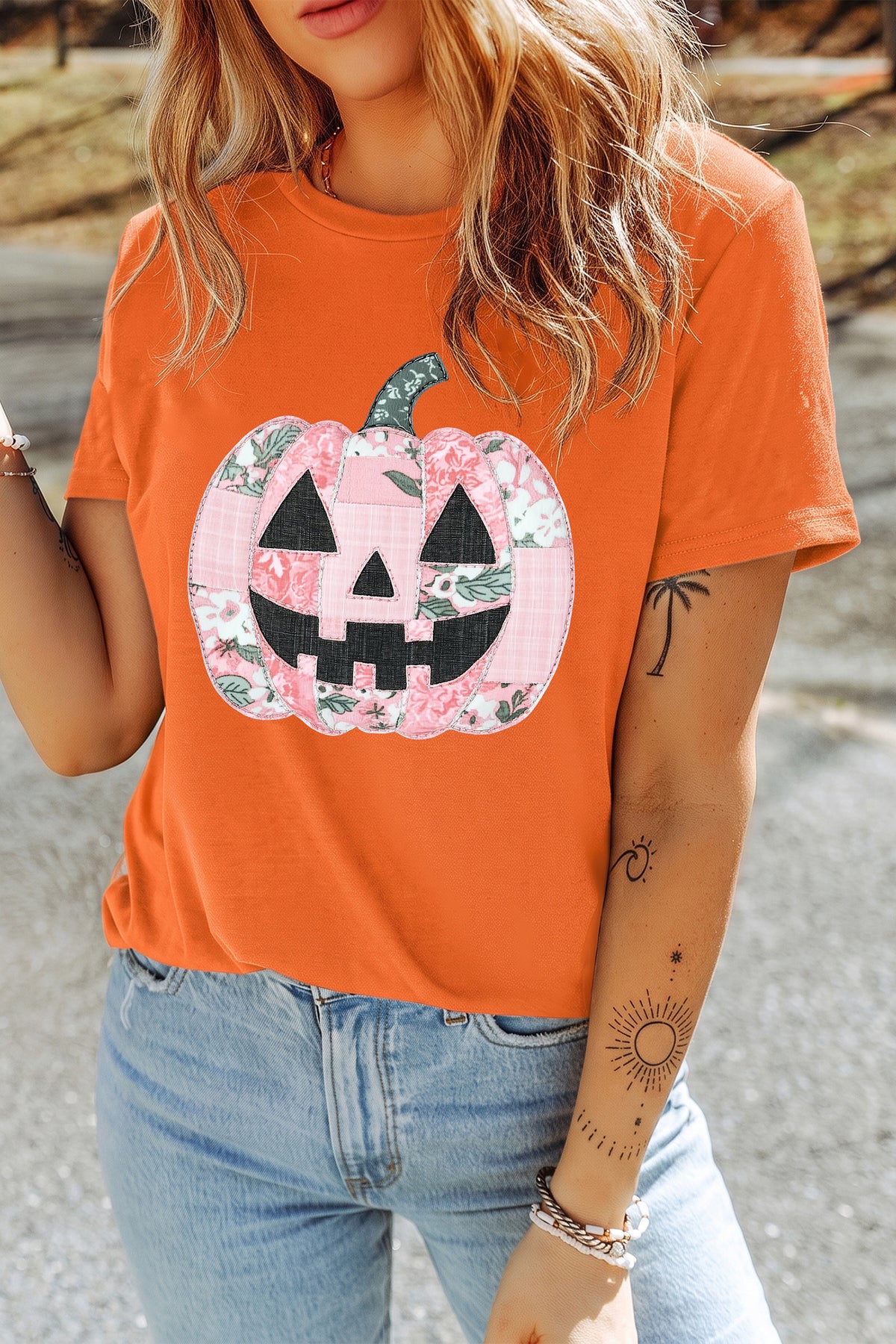 Orange Patchwork Pumpkin Halloween Graphic Tee - KaleaBoutique.com