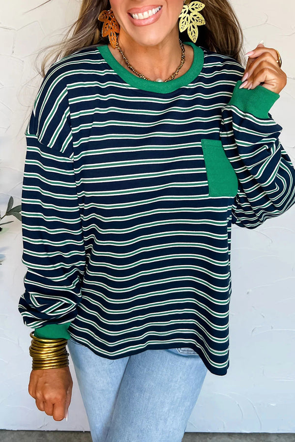 KaleaBoutique Ribbed Color Block Patchwork Crew Neck Patch Pocket Long Sleeve Top - KaleaBoutique.com