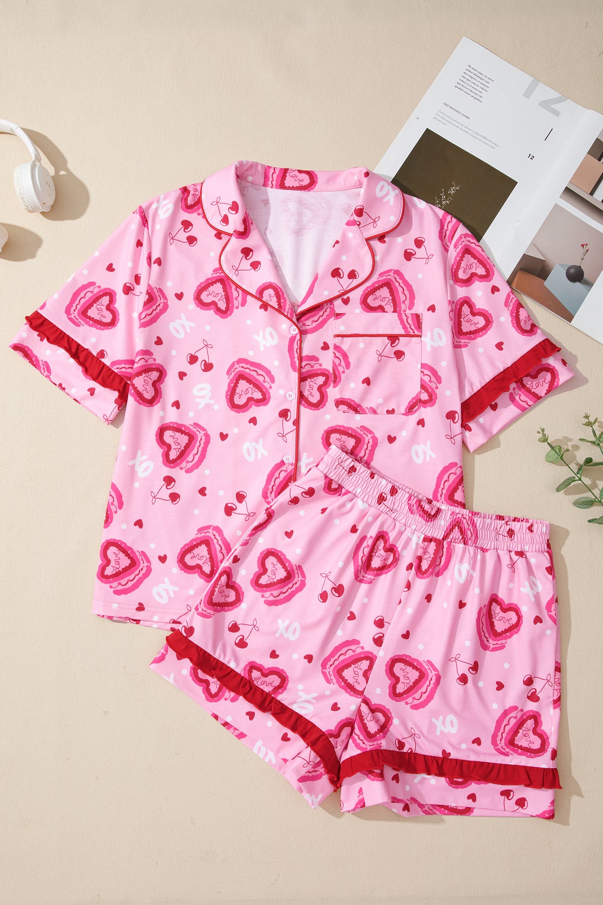 KaleaBoutique Stylish Sweet Heart Cake Print Contrast Ruffle Trim Valentines 2pcs Pajama Set - KaleaBoutique.com