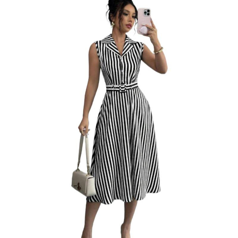 Women's Striped Sleeveless Collared Belted Midi Dress - KaleaBoutique.com