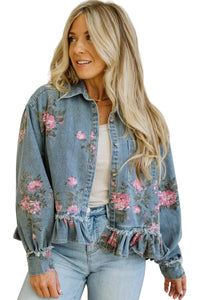 Floral Print Raw Seam Ruffle Hem Denim Jacket - KaleaBoutique.com