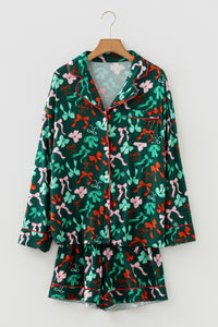 KaleaBoutique Stylish Festive Bow Print Long Sleeve Shirt and Pajama Short Set - KaleaBoutique.com