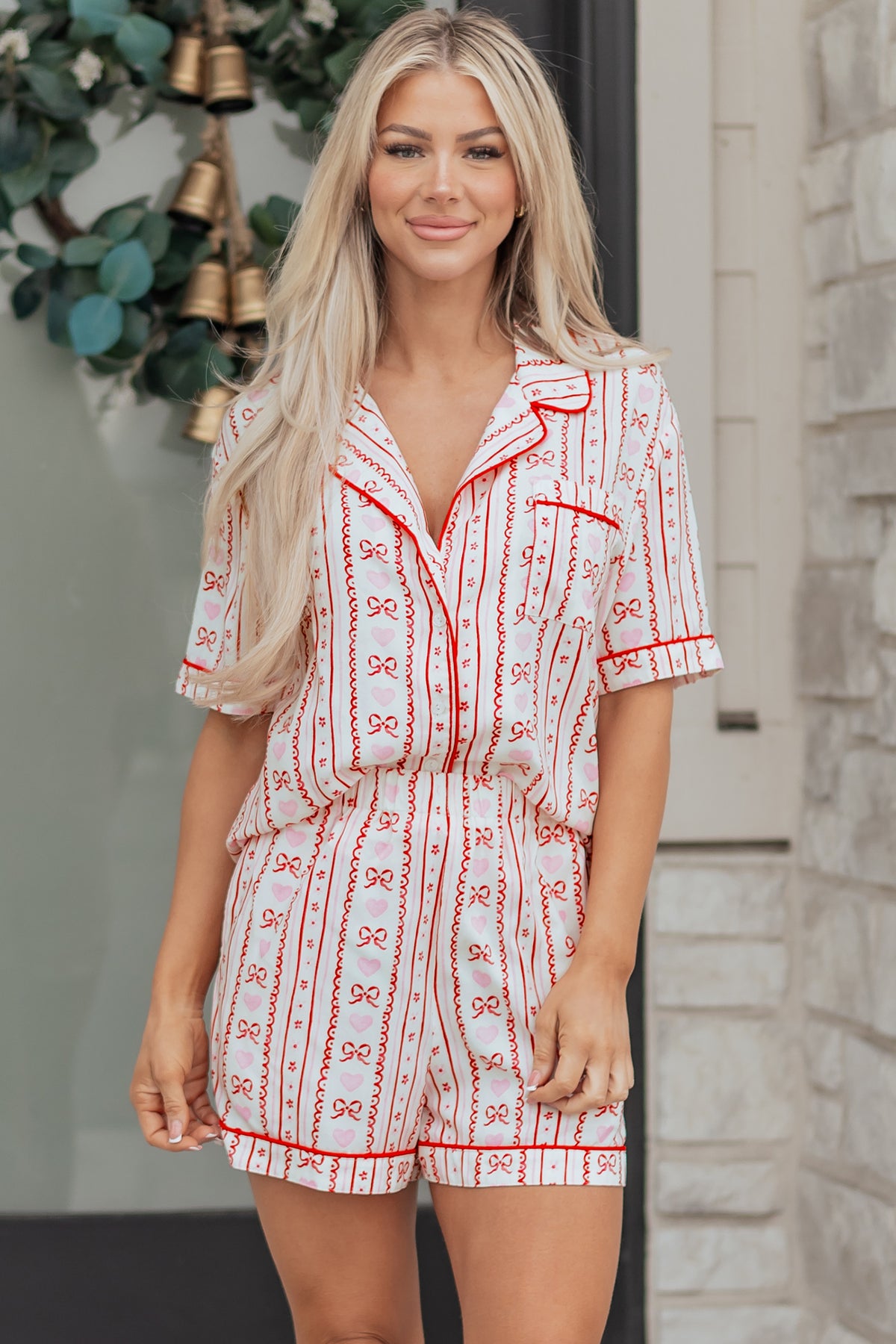 KaleaBoutique Stylish Cute Bow Heart Print Ribbon Decor Short 2pcs Pajama Set - KaleaBoutique.com