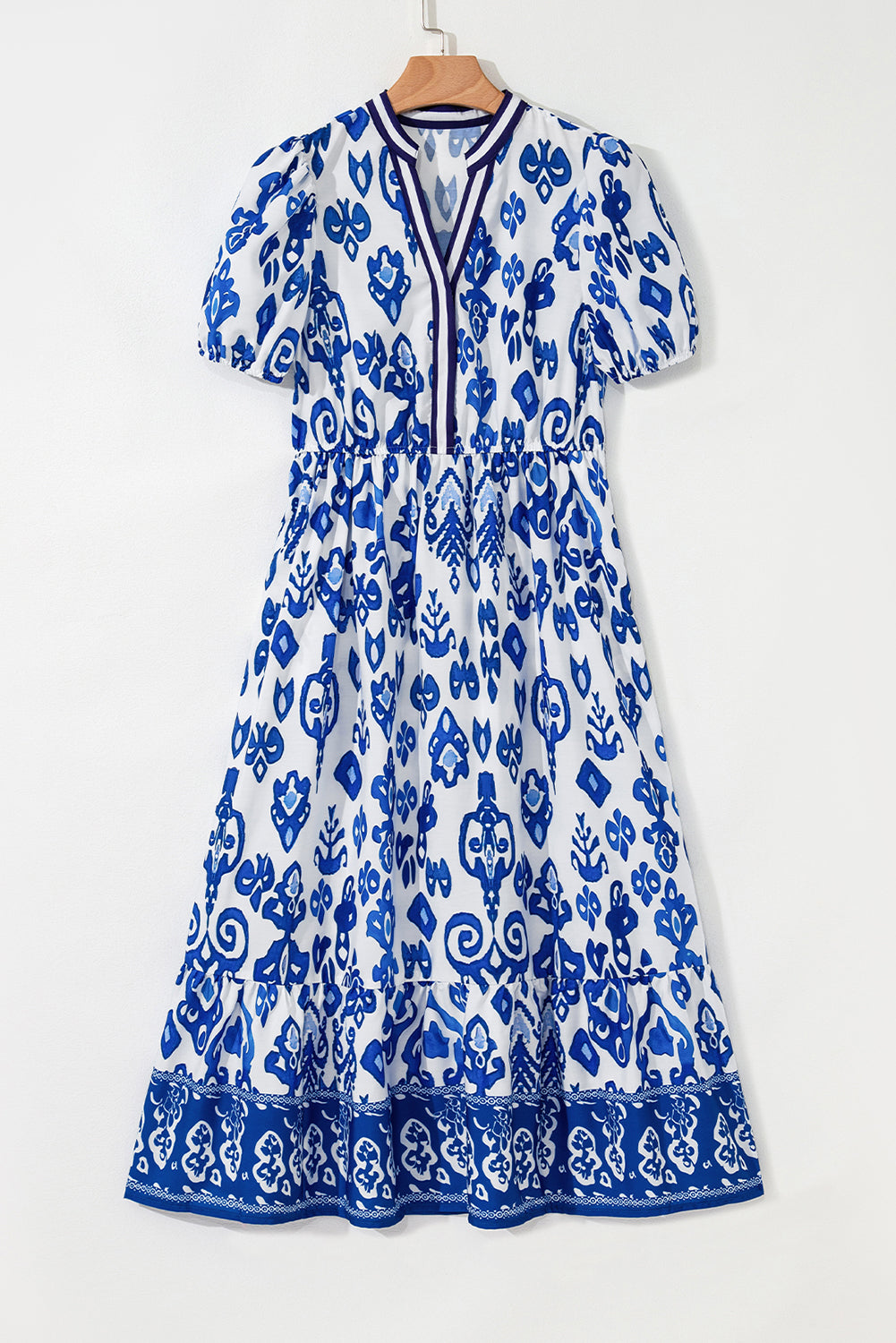 KaleaBoutique Stylish Floral Puff Short Sleeve V Neck High Waist Maxi Dress - KaleaBoutique.com