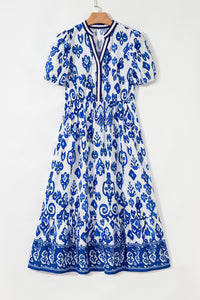 KaleaBoutique Stylish Floral Puff Short Sleeve V Neck High Waist Maxi Dress - KaleaBoutique.com
