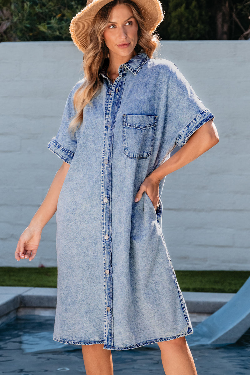KaleaBoutique Loose Medium Wash Short Sleeve Shirt Chambray Dress