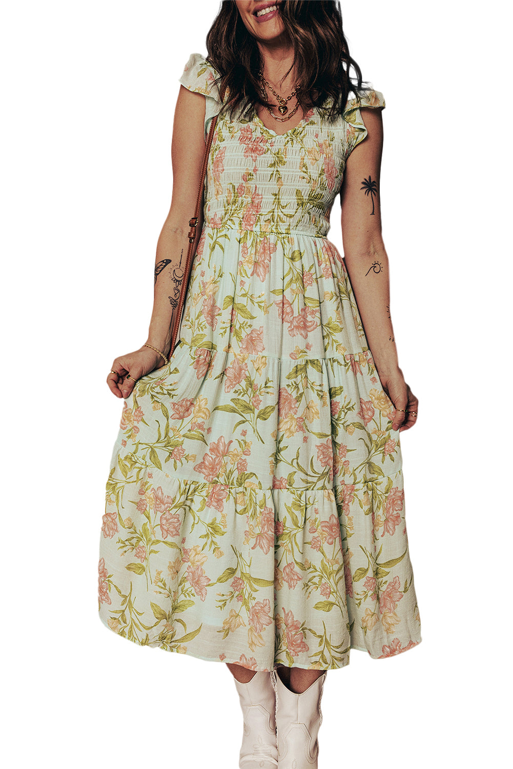 Smocked Bodice Ruffled Sleeveless Tiered Floral Maxi Dress - KaleaBoutique.com