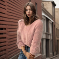 Women's Fuzzy V-Neck Long-Sleeve Pullover Sweater - KaleaBoutique.com