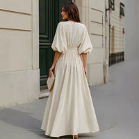 Women's Round-Neck Lantern-Sleeve Maxi Dress with Pockets - KaleaBoutique.com