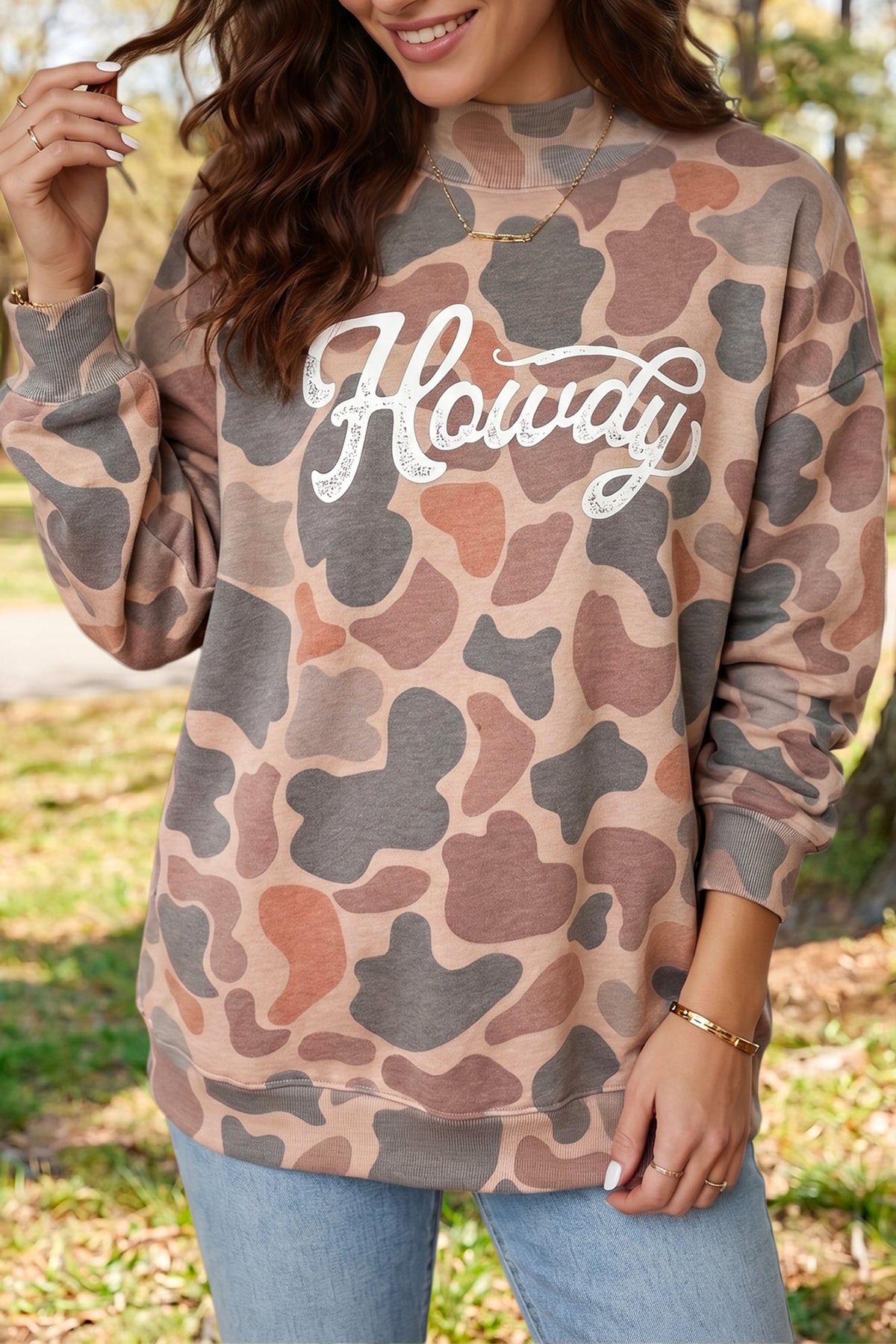 KaleaBoutique Camo Print Howdy Western Style Baggy Pullover Sweatshirt - KaleaBoutique.com