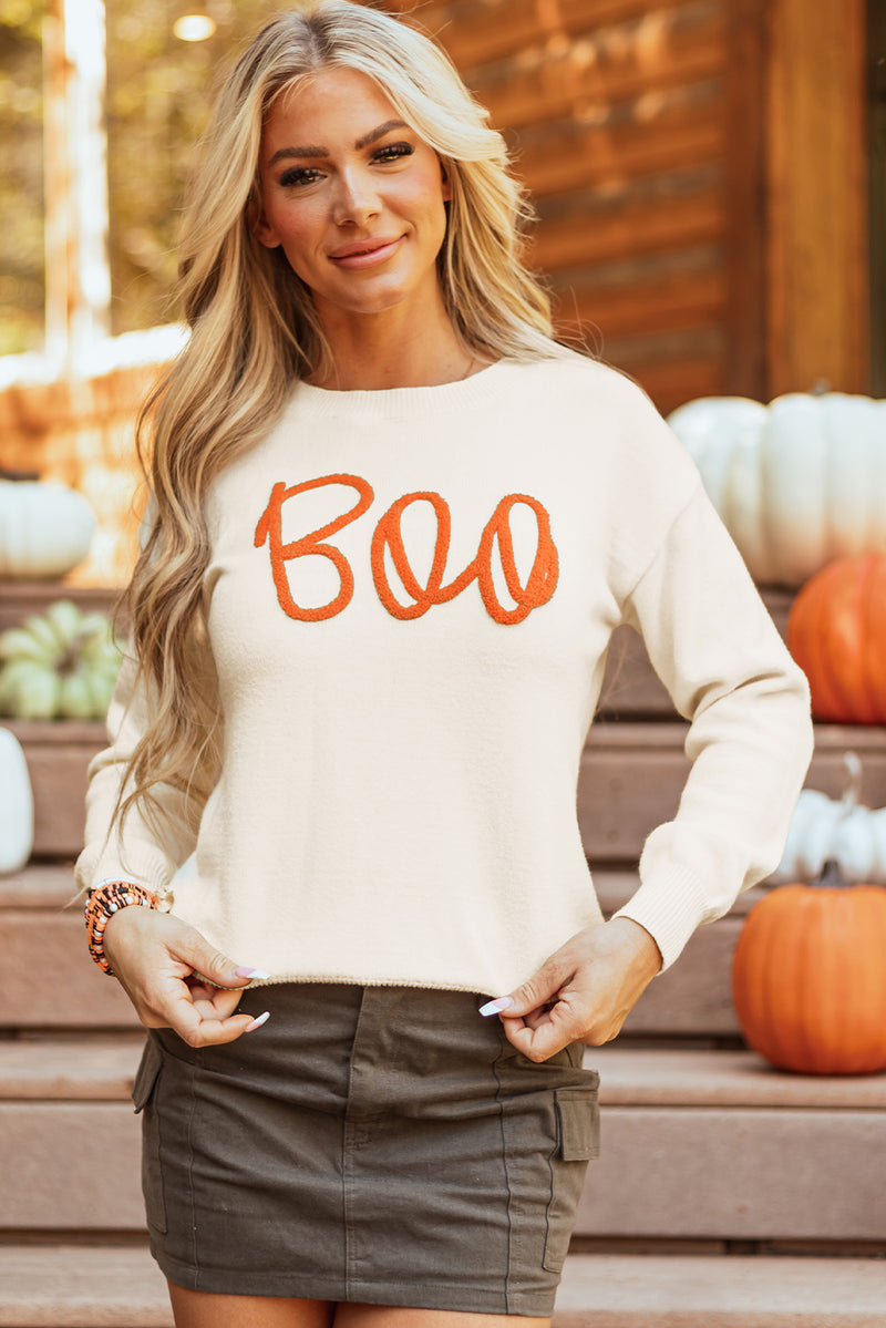 KaleaBoutique Boo Knitted Pattern Ribbed Edge Drop Shoulder Sweater - KaleaBoutique.com