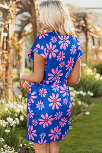 Floral Striped Quarter Zip Cap Sleeve Drawstring Waist Mini Dress - KaleaBoutique.com