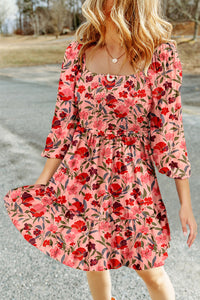 KaleaBoutique Comfortable Floral 3/4 Sleeve Square Neck Smocked Mini Dress - KaleaBoutique.com