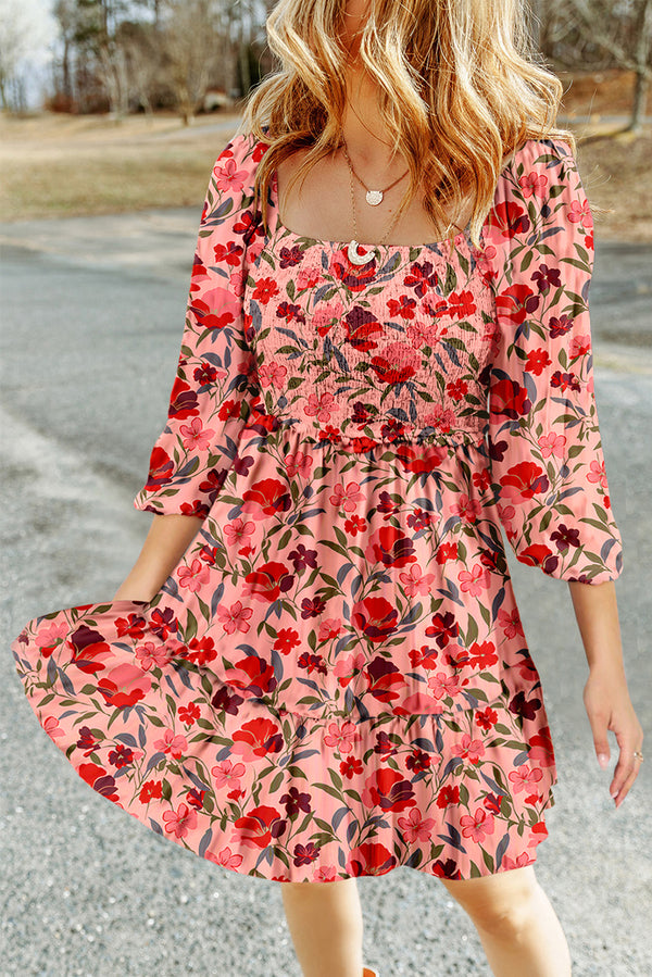 KaleaBoutique Comfortable Floral 3/4 Sleeve Square Neck Smocked Mini Dress - KaleaBoutique.com