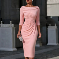 One-shoulder Slim-fit Sheath Dress With Three-quarter-length Pleated Sleeves - KaleaBoutique.com