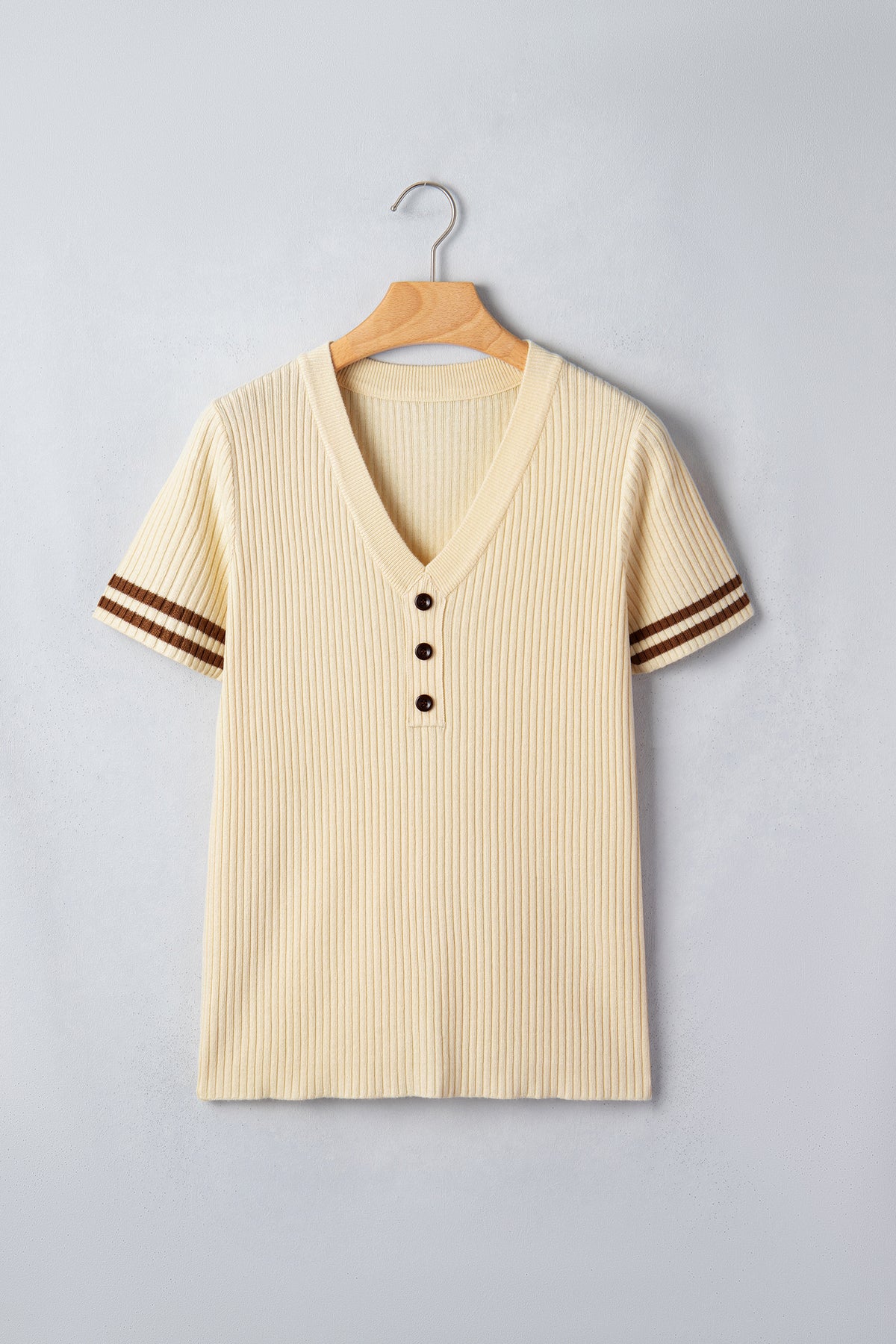 KaleaBoutique Comfortable V Neck Ribbed Knit Striped Trim Short Sleeve Sweater - KaleaBoutique.com
