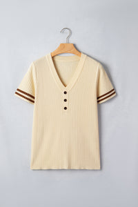 KaleaBoutique Comfortable V Neck Ribbed Knit Striped Trim Short Sleeve Sweater - KaleaBoutique.com