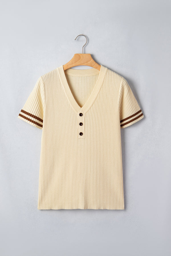KaleaBoutique Comfortable V Neck Ribbed Knit Striped Trim Short Sleeve Sweater - KaleaBoutique.com