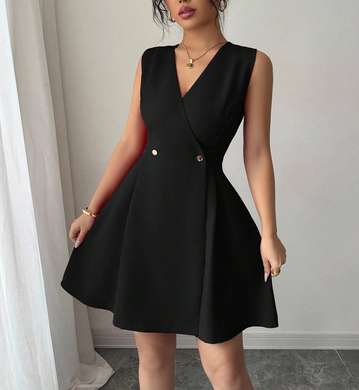 Double-breasted Pleated Sleeveless A-line Mini Dress - KaleaBoutique.com