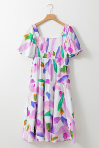 KaleaBoutique Abstract Print Puff Sleeve Smocked Back Midi Dress - KaleaBoutique.com
