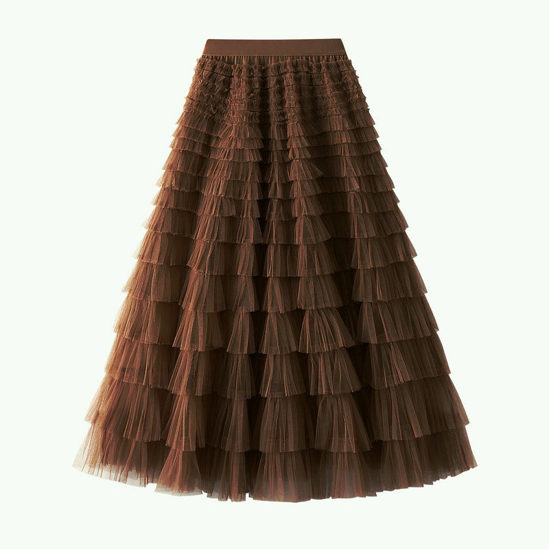 A-Line Mesh Ruffle Skirt Women's Temperament Sweet Long Skirt Slim Cupcake Dress Womens Clothing - KaleaBoutique.com