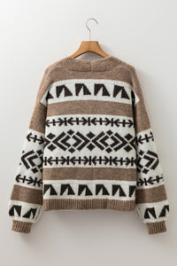 KaleaBoutique Stylish Ethnic Geometric Pattern Button Front V Neck Sweater Cardigan - KaleaBoutique.com