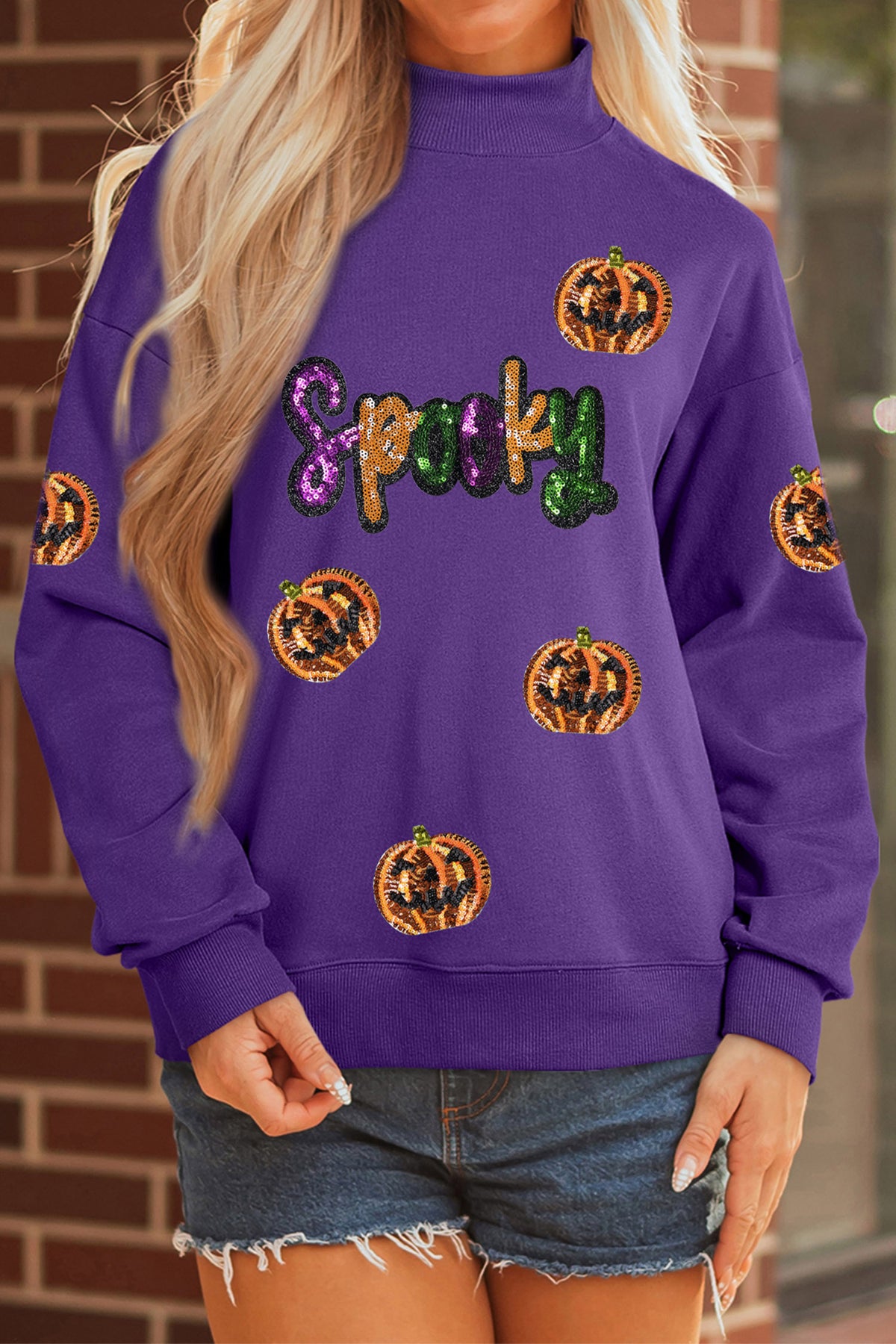 Purple Sequin Pumpkin SPOOKY Mock Neck Halloween Sweatshirt - KaleaBoutique.com