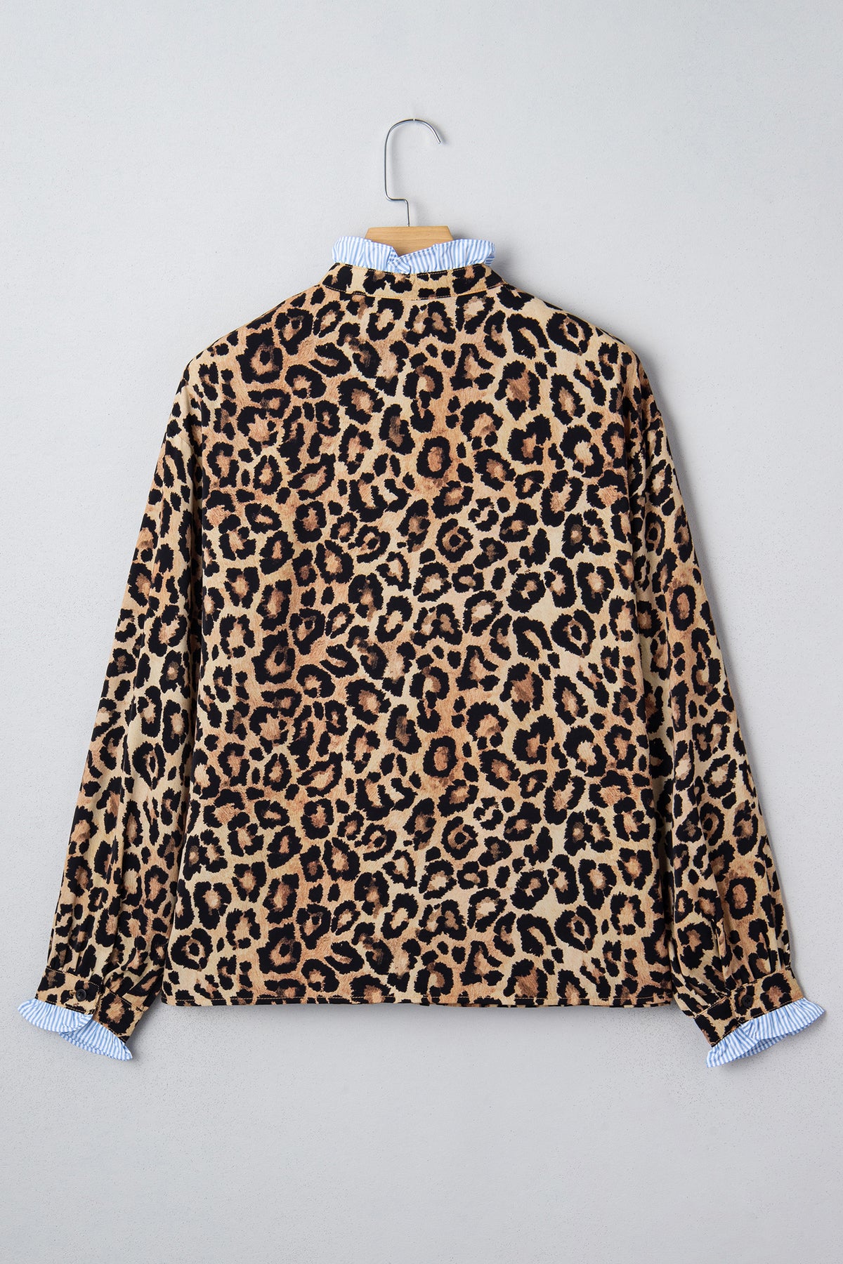 Stylish KaleaBoutique Wild Leopard Print Contrast Striped Frilled Trim Chic Shirt - KaleaBoutique.com