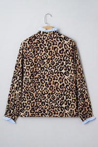 Stylish KaleaBoutique Wild Leopard Print Contrast Striped Frilled Trim Chic Shirt - KaleaBoutique.com