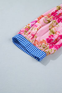 KaleaBoutique Stylish Floral Striped Patchwork Trim Half Sleeve Mini Dress - KaleaBoutique.com