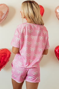 KaleaBoutique Stylish Waffle Knit Bowknot Printed V Neck T Shirt and Shorts Set - KaleaBoutique.com