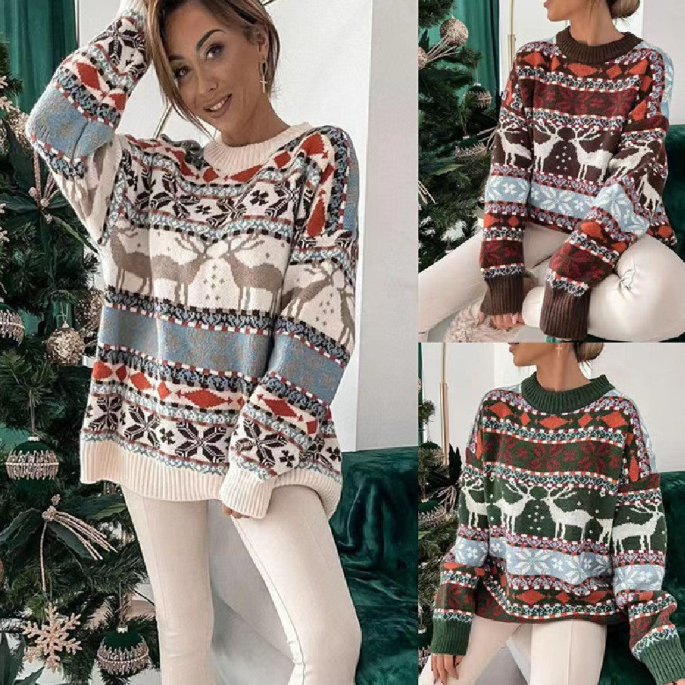 Women's Reindeer Fair Isle Christmas Pullover Sweater - KaleaBoutique.com