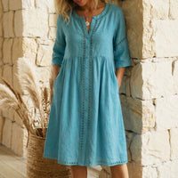 Loose-fitting Linen-cotton Dress With A Buttoned Collar And Lace-trimmed Seams - KaleaBoutique.com