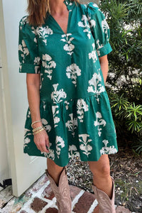 KaleaBoutique Comfortable Frilled V Neck Puff Short Sleeve Floral Mini Dress - KaleaBoutique.com