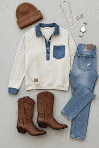 KaleaBoutique Stylish Denim Collar Patchwork Long Sleeve Pullover Top - KaleaBoutique.com