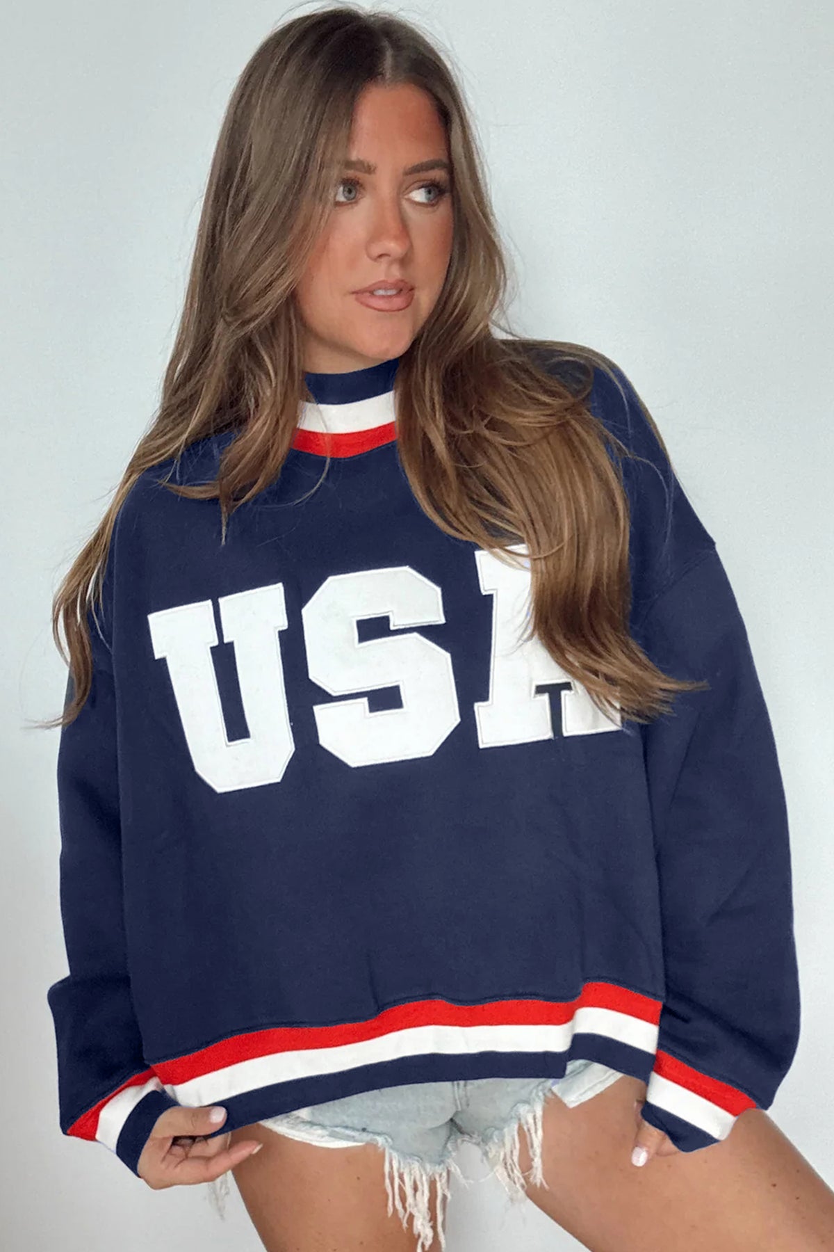 KaleaBoutique Comfortable USA Slogan Patch Embroidery Colorblock High Neck Long Sleeve Sweatshirt - KaleaBoutique.com