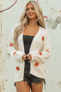 KaleaBoutique Comfortable Pumpkin Print Open Front Drop Shoulder Midi Cardigan - KaleaBoutique.com