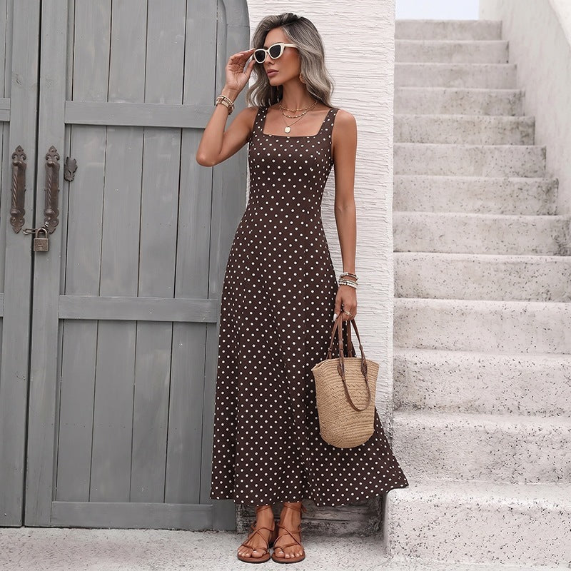 Women's Coffee Brown Polka-Dot Sleeveless Maxi Slip Dress - KaleaBoutique.com