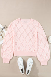 KaleaBoutique Openwork Plaid Puff Sleeve Cropped Sweater - KaleaBoutique.com