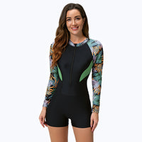 Women's Tropical Print Long-Sleeve Zip-Front Boyleg One-Piece Swimsuit - KaleaBoutique.com