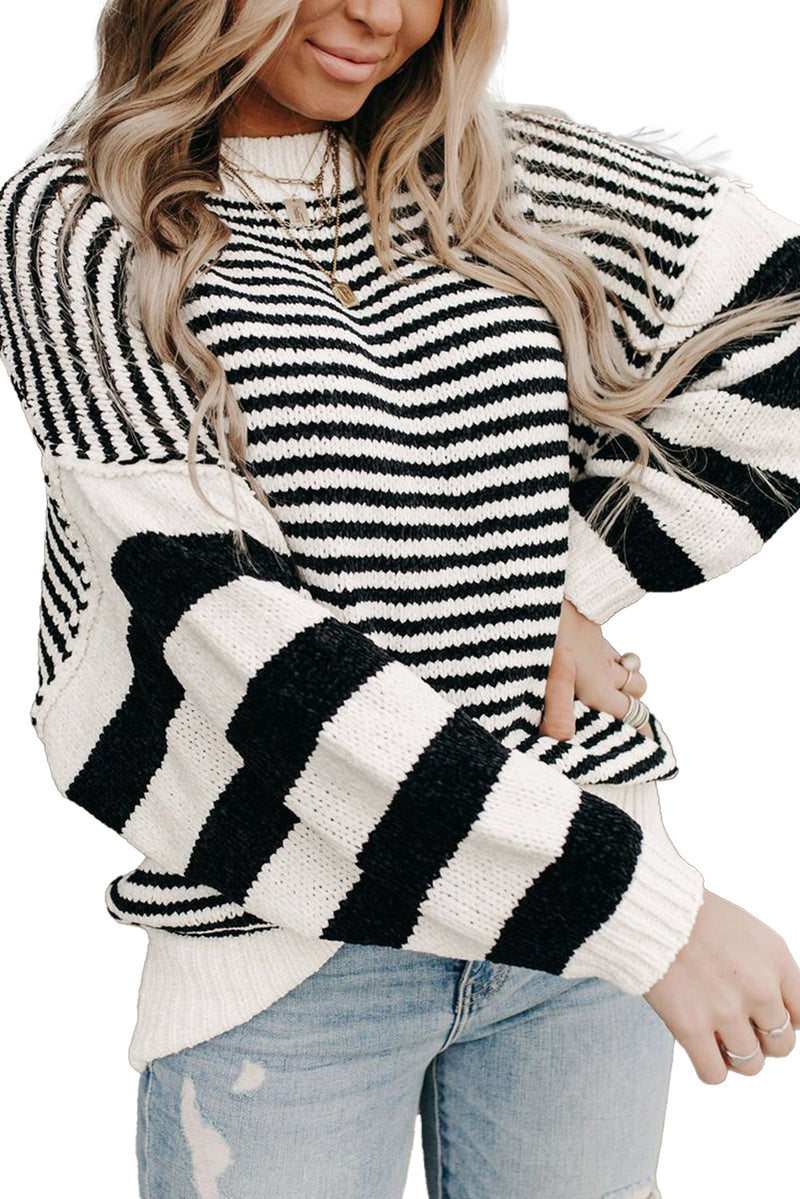 KaleaBoutique Stylish Striped Drop Shoulder Bishop Sleeve Knit Sweater - KaleaBoutique.com
