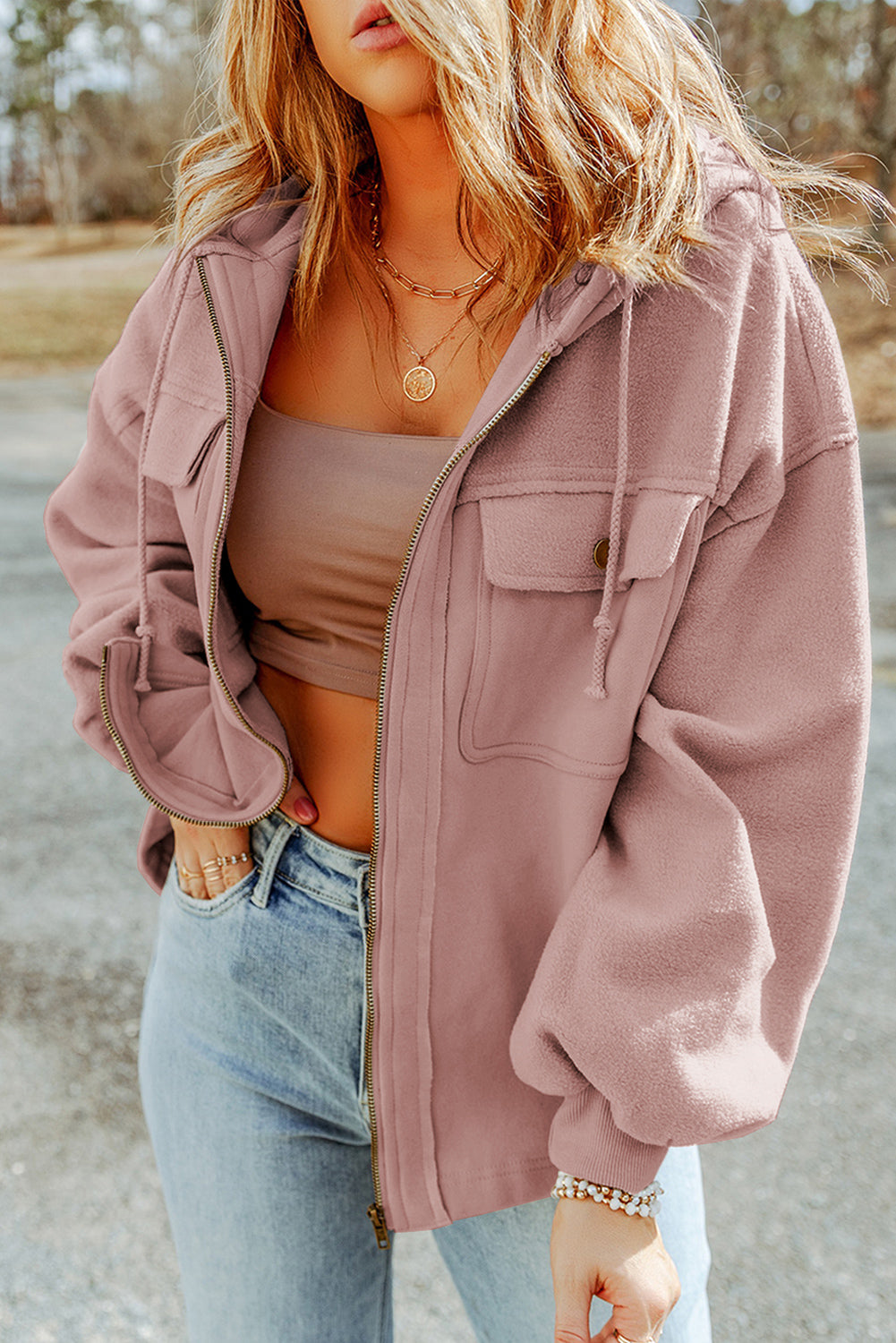 Flap Pocket Drawstring Hood Zip Up Jacket - KaleaBoutique.com