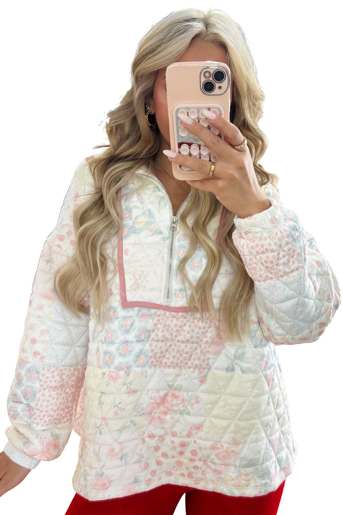 KaleaBoutique Stylish Floral Quilted Metal Zipper Collar Long Sleeve Sweatshirt - KaleaBoutique.com