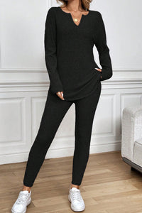 KaleaBoutique Comfortable Ribbed Notched Neck Knit Long Sleeve Leggings Two Pieces Lounge Set - KaleaBoutique.com