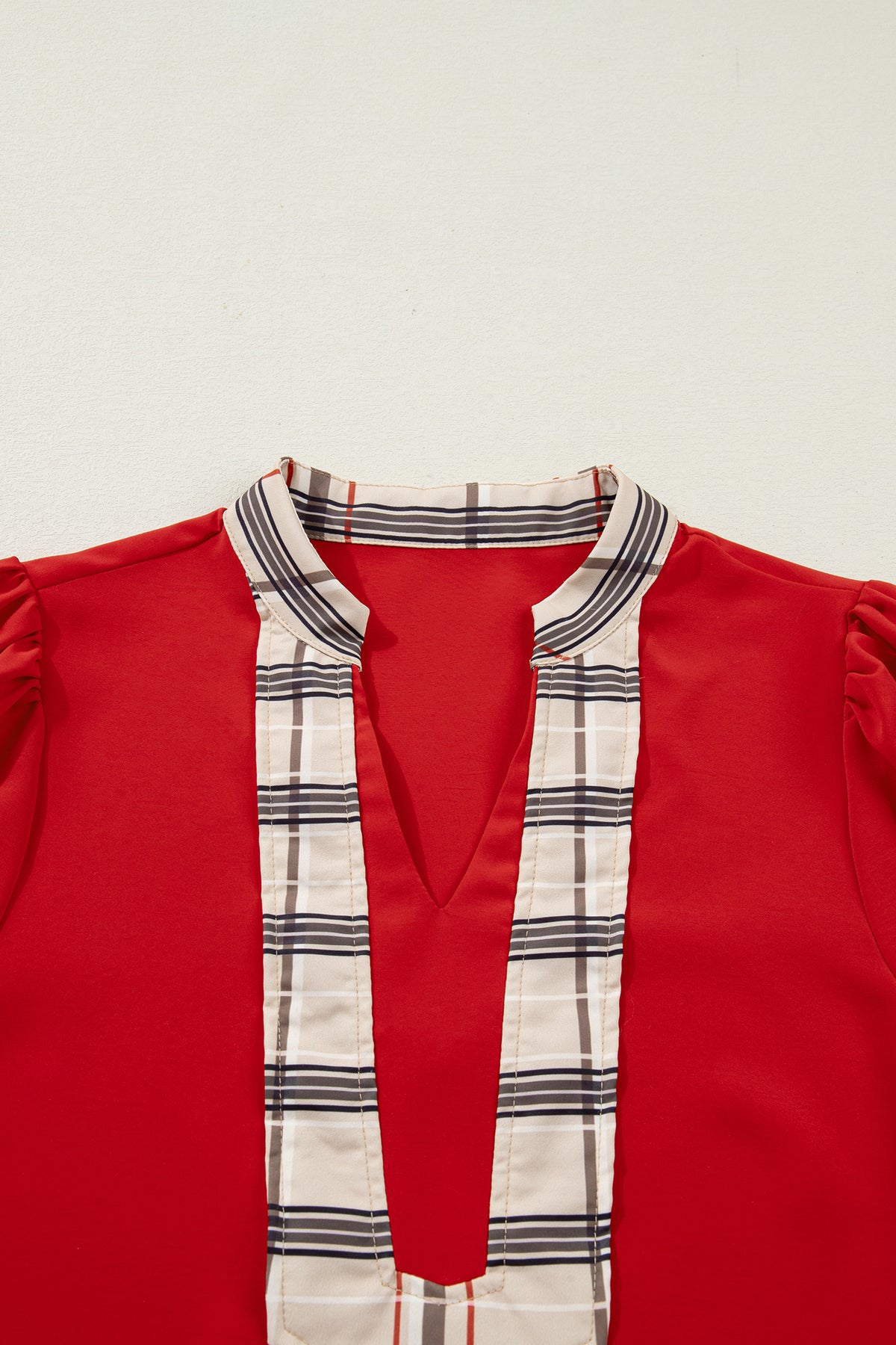 Contrast Plaid Patchwork V Neck Long Sleeve Blouse - KaleaBoutique.com