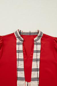 Contrast Plaid Patchwork V Neck Long Sleeve Blouse - KaleaBoutique.com