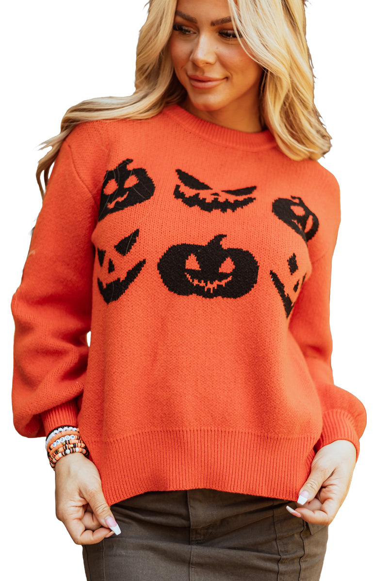 KaleaBoutique Halloween Pumpkin Face Pattern Drop Shoulder Sweater - KaleaBoutique.com
