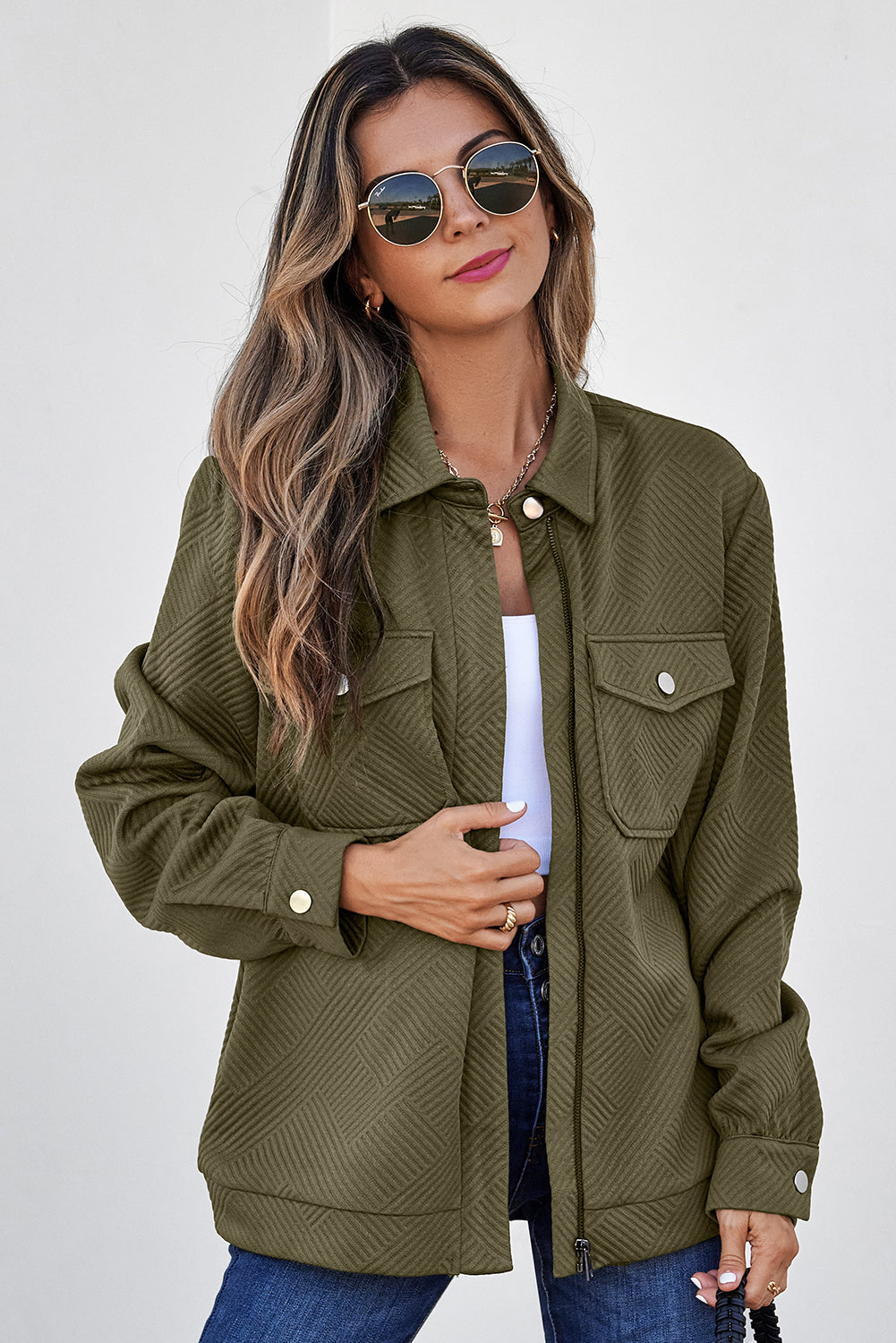 Solid Color Zip Up Button Flap Pocket Shirt Collar Jackets - KaleaBoutique.com