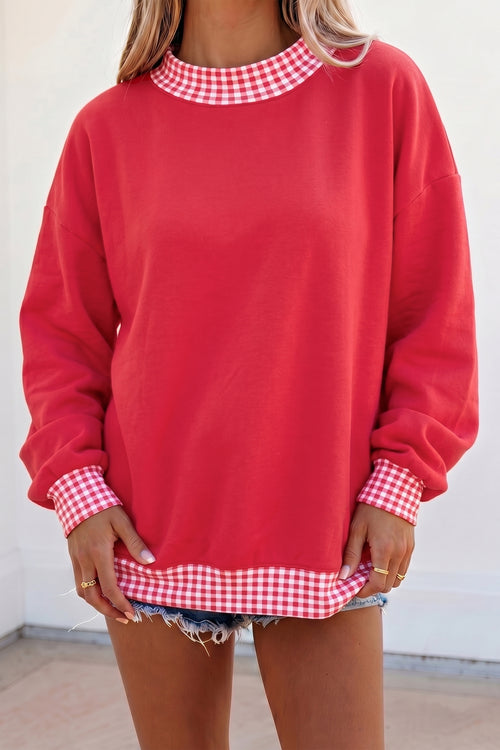 KaleaBoutique Comfortable Red Colorblock Plaid Contrast Trim Oversized Sweatshirt - KaleaBoutique.com