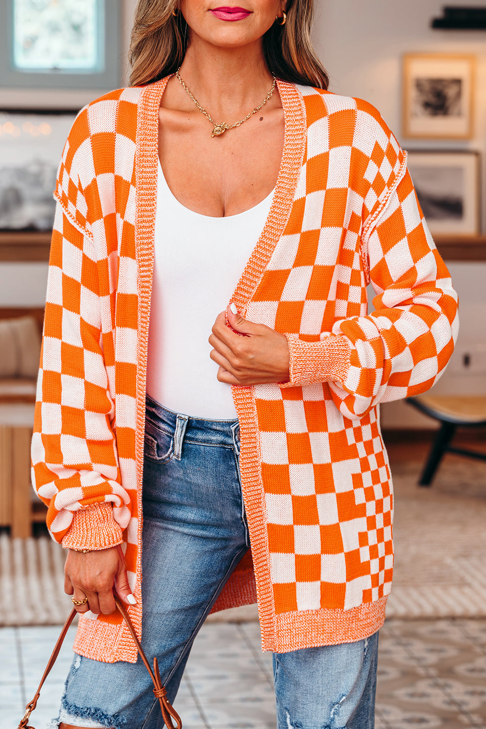 KaleaBoutique Stylish Checkered Open Front Drop Shoulder Cardigan - KaleaBoutique.com